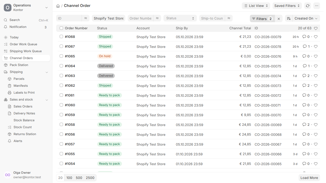 Kontor Channel Orders list showing sample orders and their fulfillment states